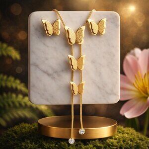 18k Gold Plated Lariat Necklace Earrings Set Stainless Steel Butterfly Y-Drop